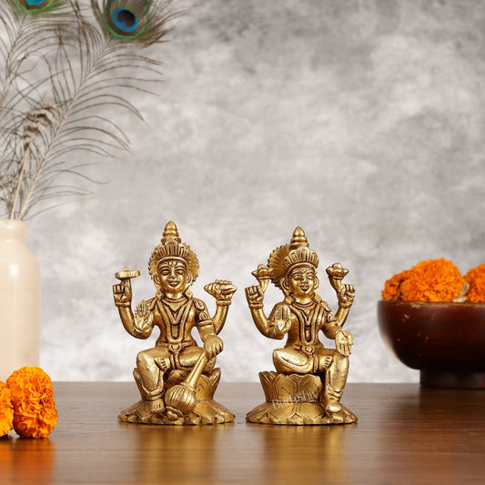 Brass Vishnu Lakshmi Seated on Lotus Base Idol - 5.5"