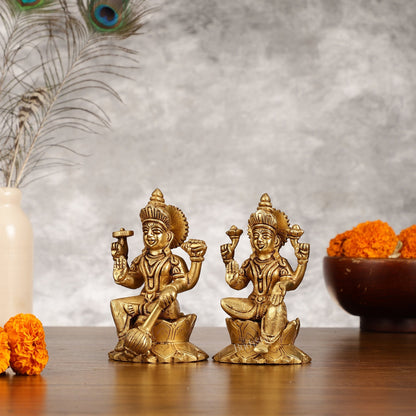 Brass Vishnu Lakshmi Seated on Lotus Base Idol - 5.5"