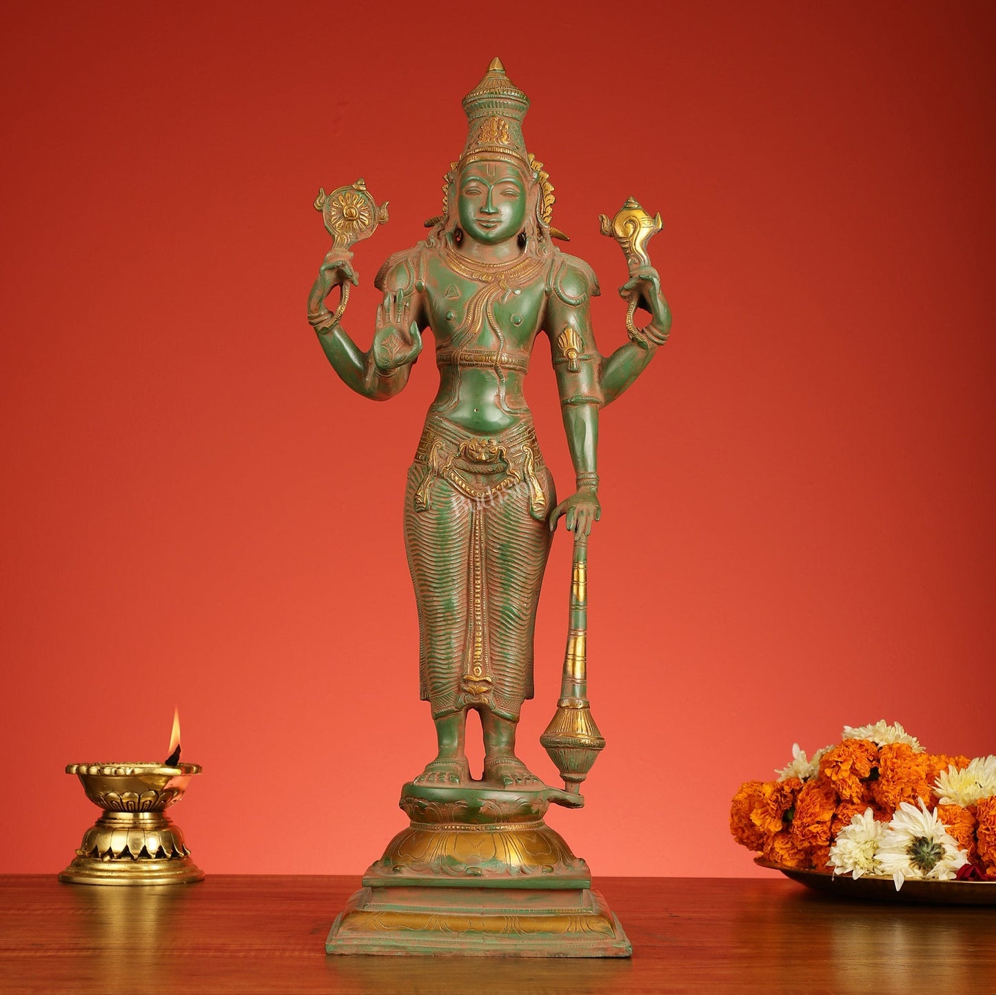 Pure Brass Standing Lord Vishnu Statue - Antique Patina Finish, 20" Tall, 7kg