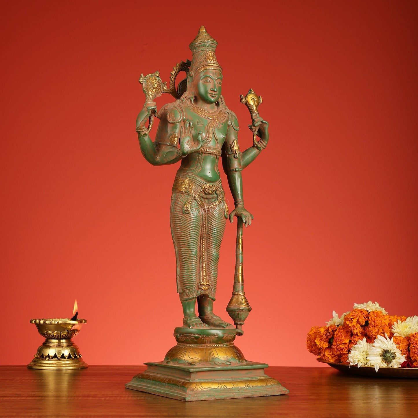 Pure Brass Standing Lord Vishnu Statue - Antique Patina Finish, 20" Tall, 7kg