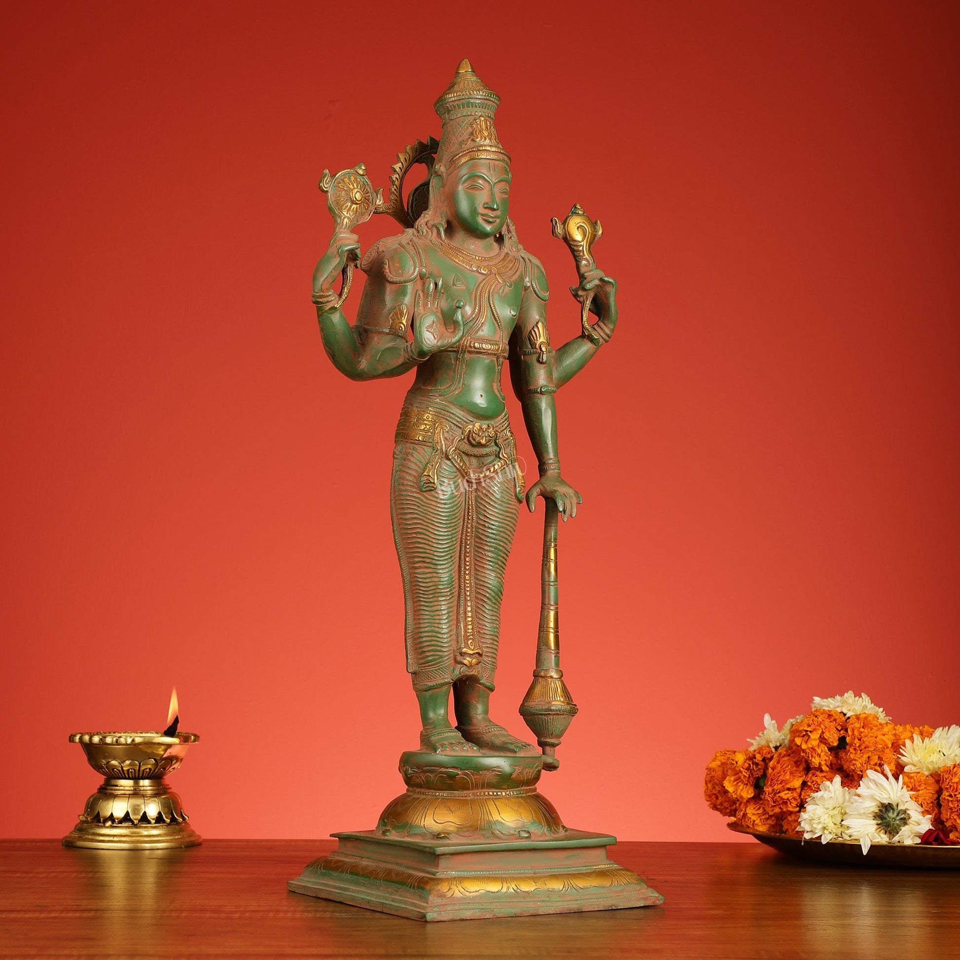 Pure Brass Standing Lord Vishnu Statue - Antique Patina Finish, 20" Tall, 7kg