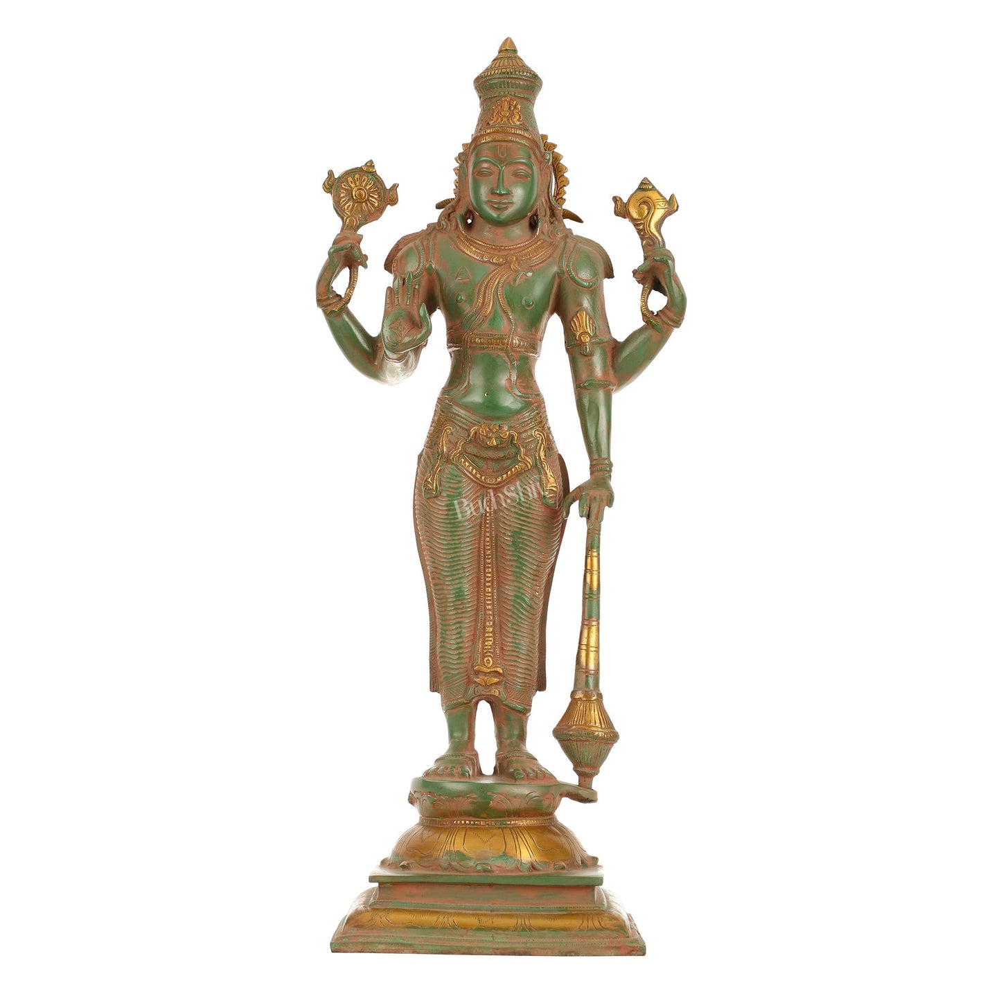 Pure Brass Standing Lord Vishnu Statue - Antique Patina Finish, 20" Tall, 7kg