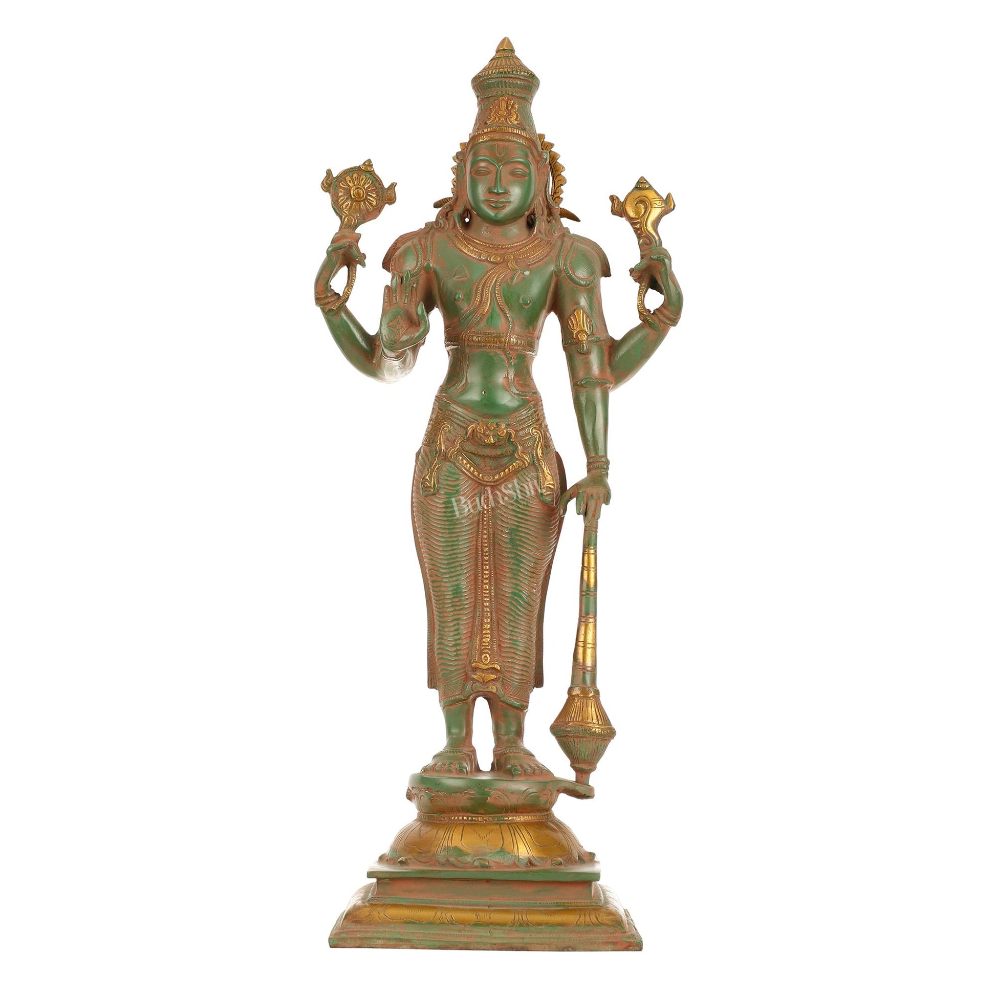 Pure Brass Standing Lord Vishnu Statue - Antique Patina Finish, 20" Tall, 7kg