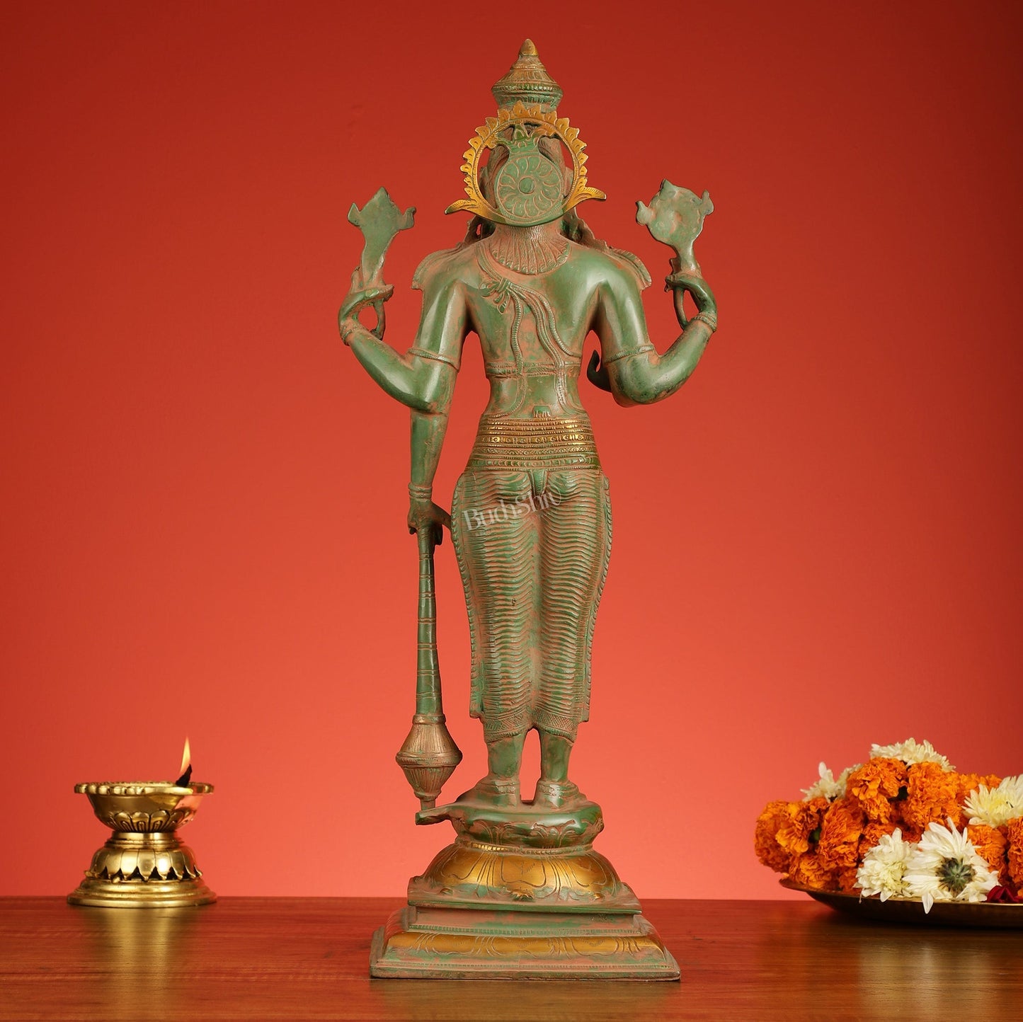 Pure Brass Standing Lord Vishnu Statue - Antique Patina Finish, 20" Tall, 7kg