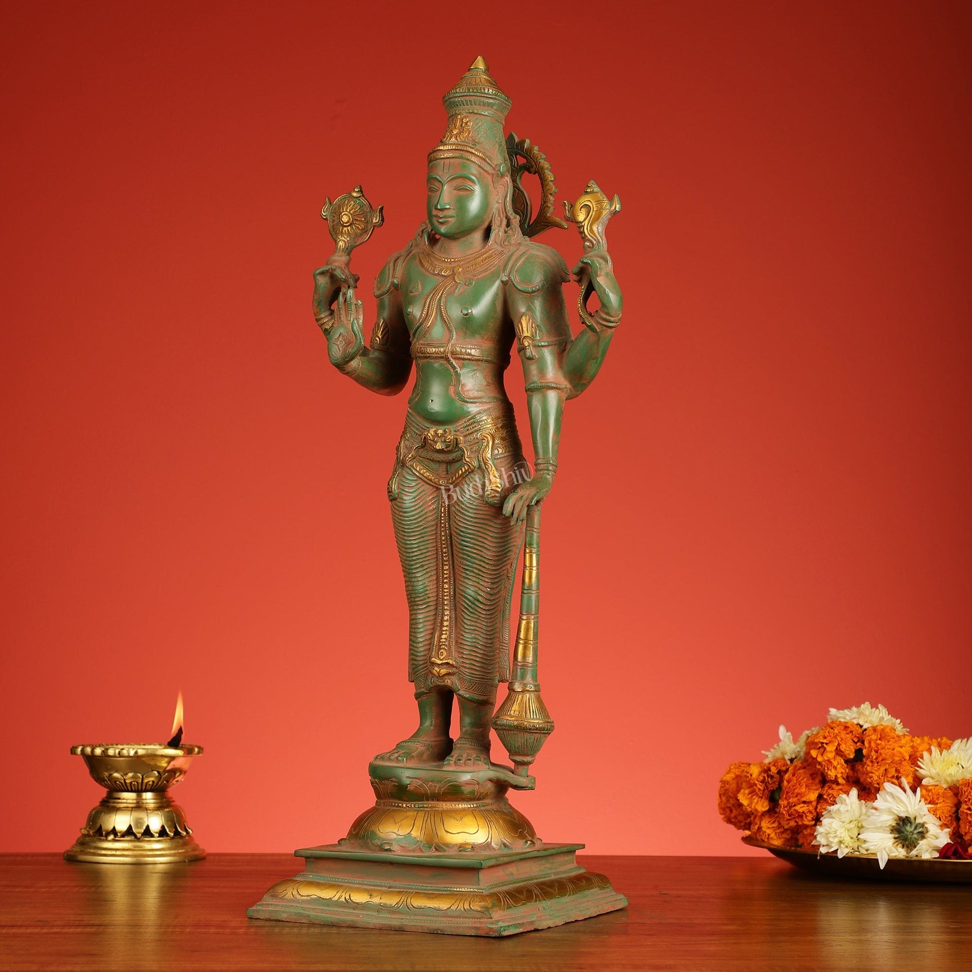 Pure Brass Standing Lord Vishnu Statue - Antique Patina Finish, 20" Tall, 7kg