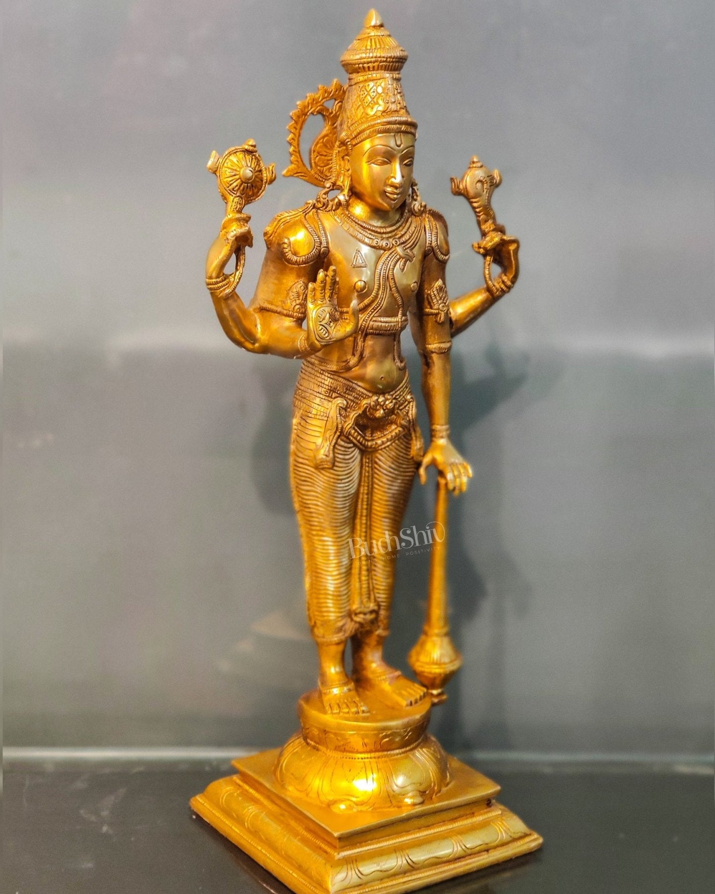 Pure Brass Lord Vishnu Statue - Bright Golden Matte Finish, 20" Tall, 7kg