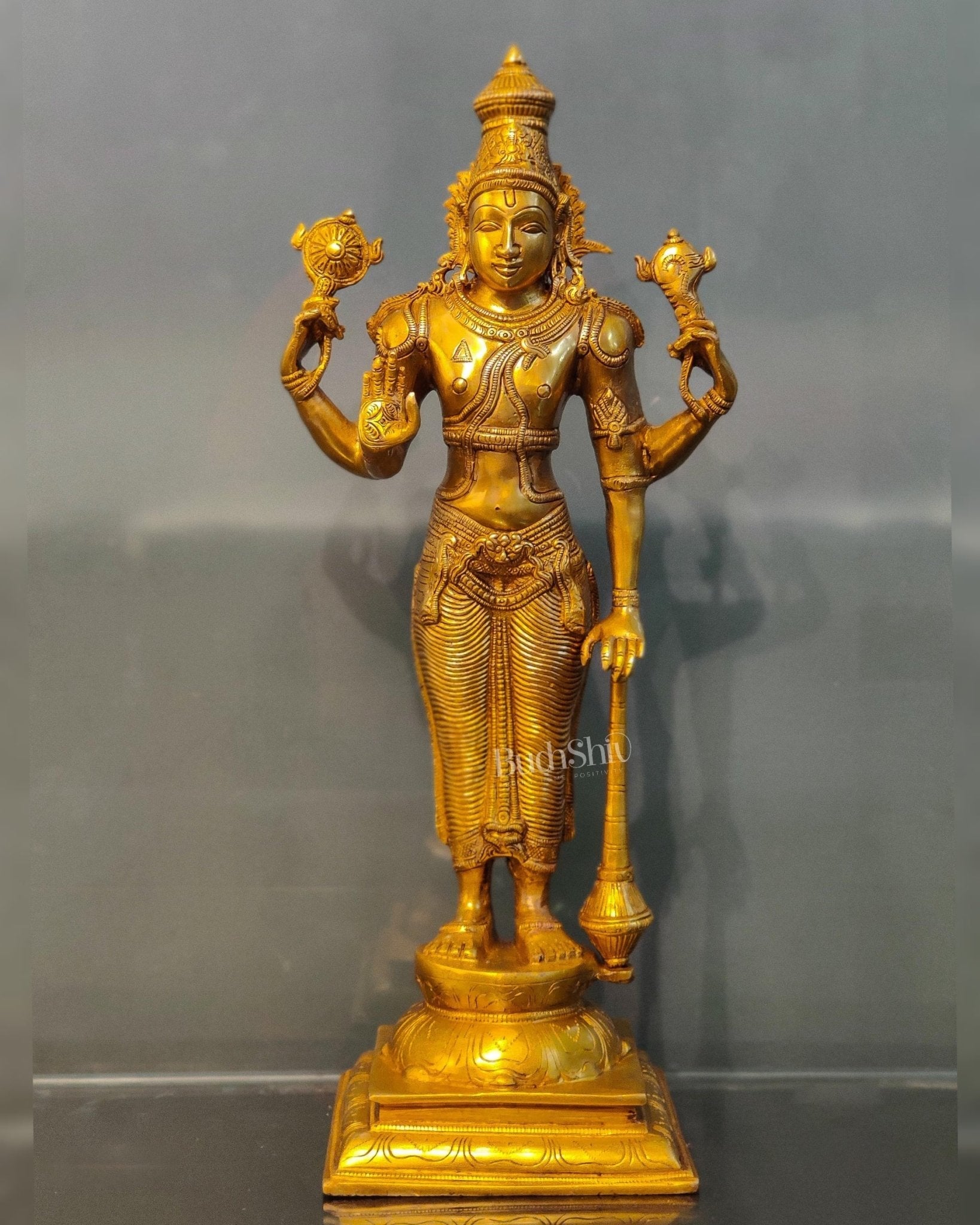 Pure Brass Lord Vishnu Statue - Bright Golden Matte Finish, 20" Tall, 7kg