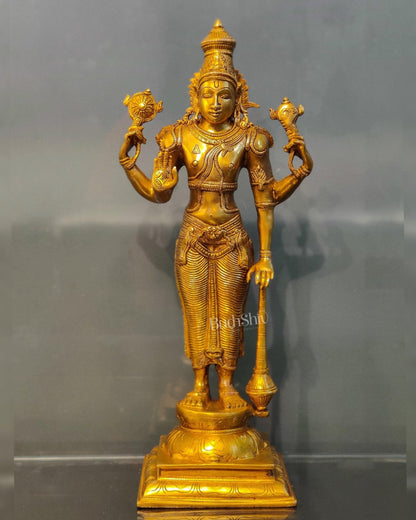 Pure Brass Lord Vishnu Statue - Bright Golden Matte Finish, 20" Tall, 7kg