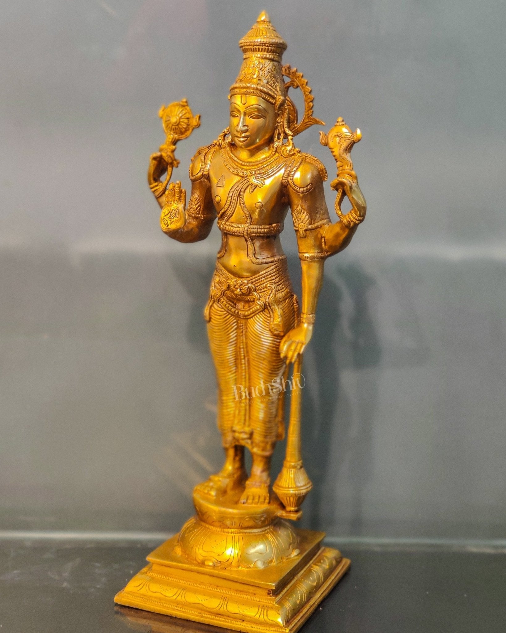 Pure Brass Lord Vishnu Statue - Bright Golden Matte Finish, 20" Tall, 7kg