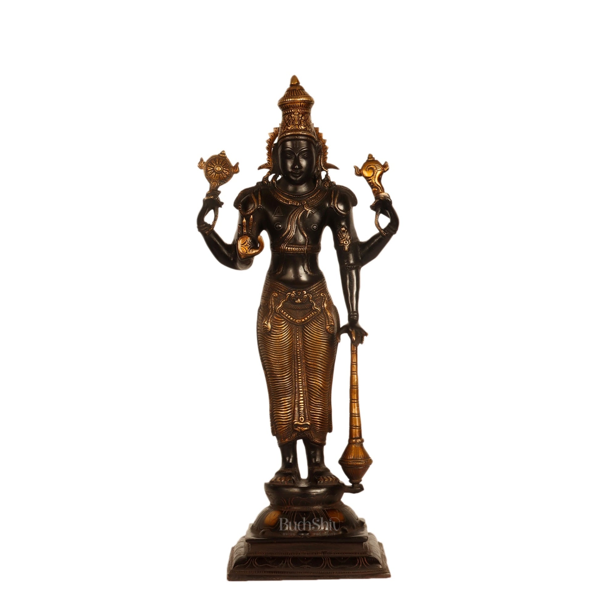 Pure Brass Lord Vishnu Statue - Black Burnt Brass Finish, 20" Tall, 7kg