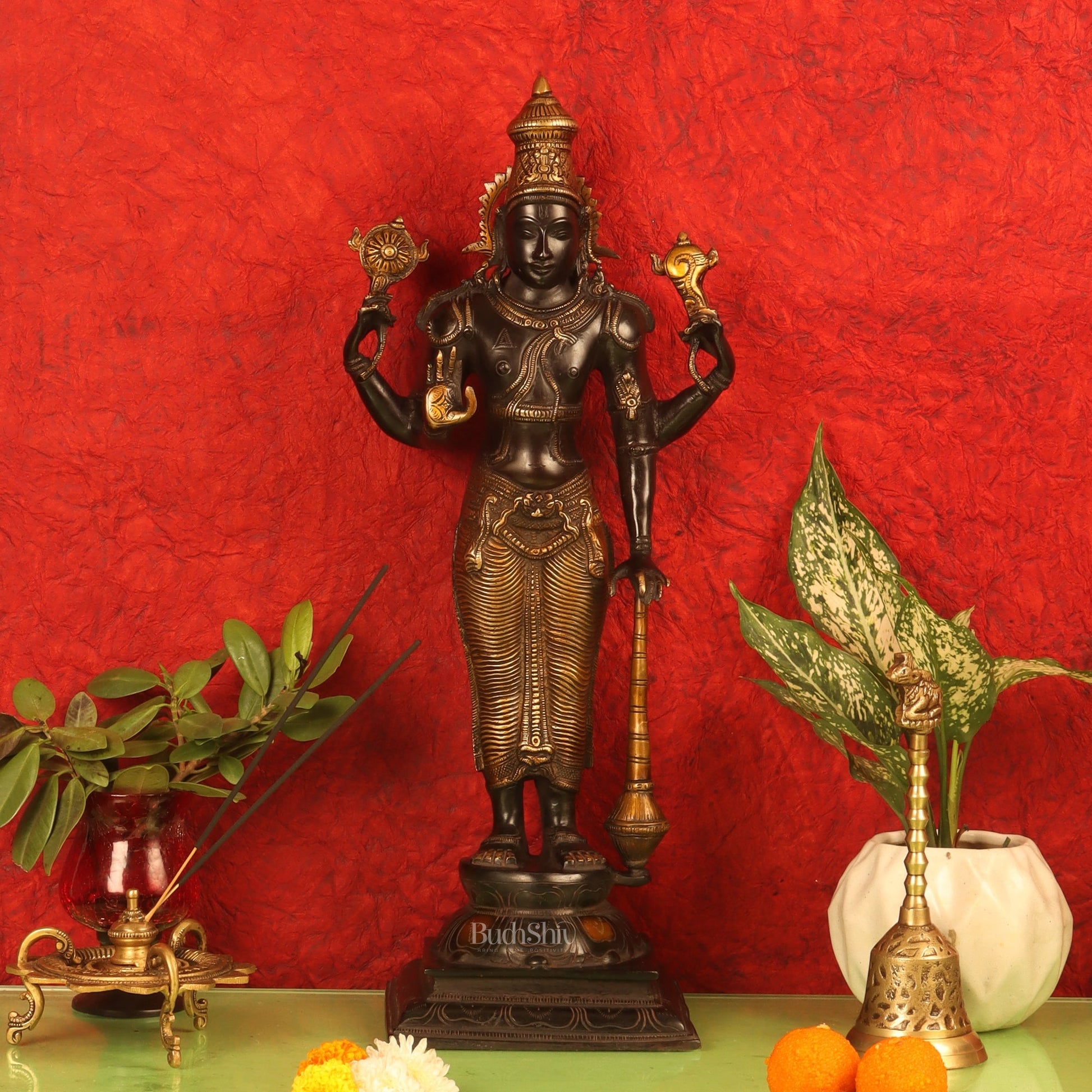 Pure Brass Lord Vishnu Statue - Black Burnt Brass Finish, 20" Tall, 7kg