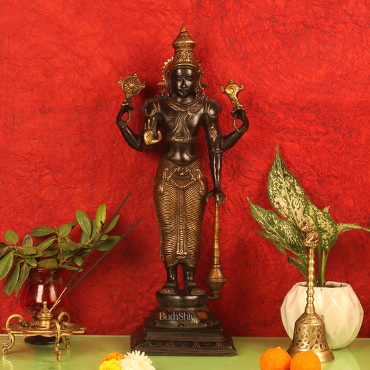 Pure Brass Lord Vishnu Statue - Black Burnt Brass Finish, 20" Tall, 7kg