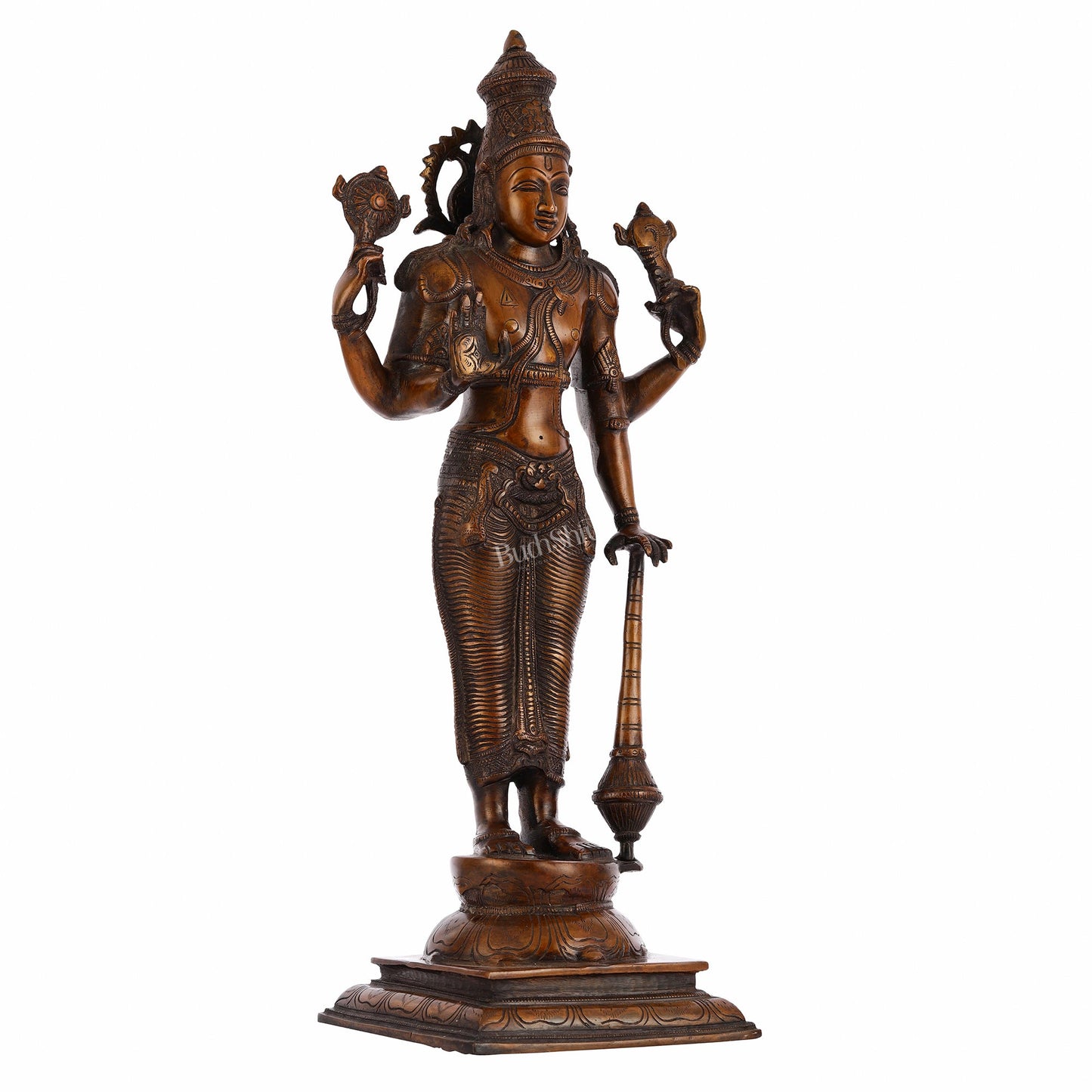 Pure Brass Lord Vishnu Statue - Chola Bronze Finish, 20" Tall, 7kg