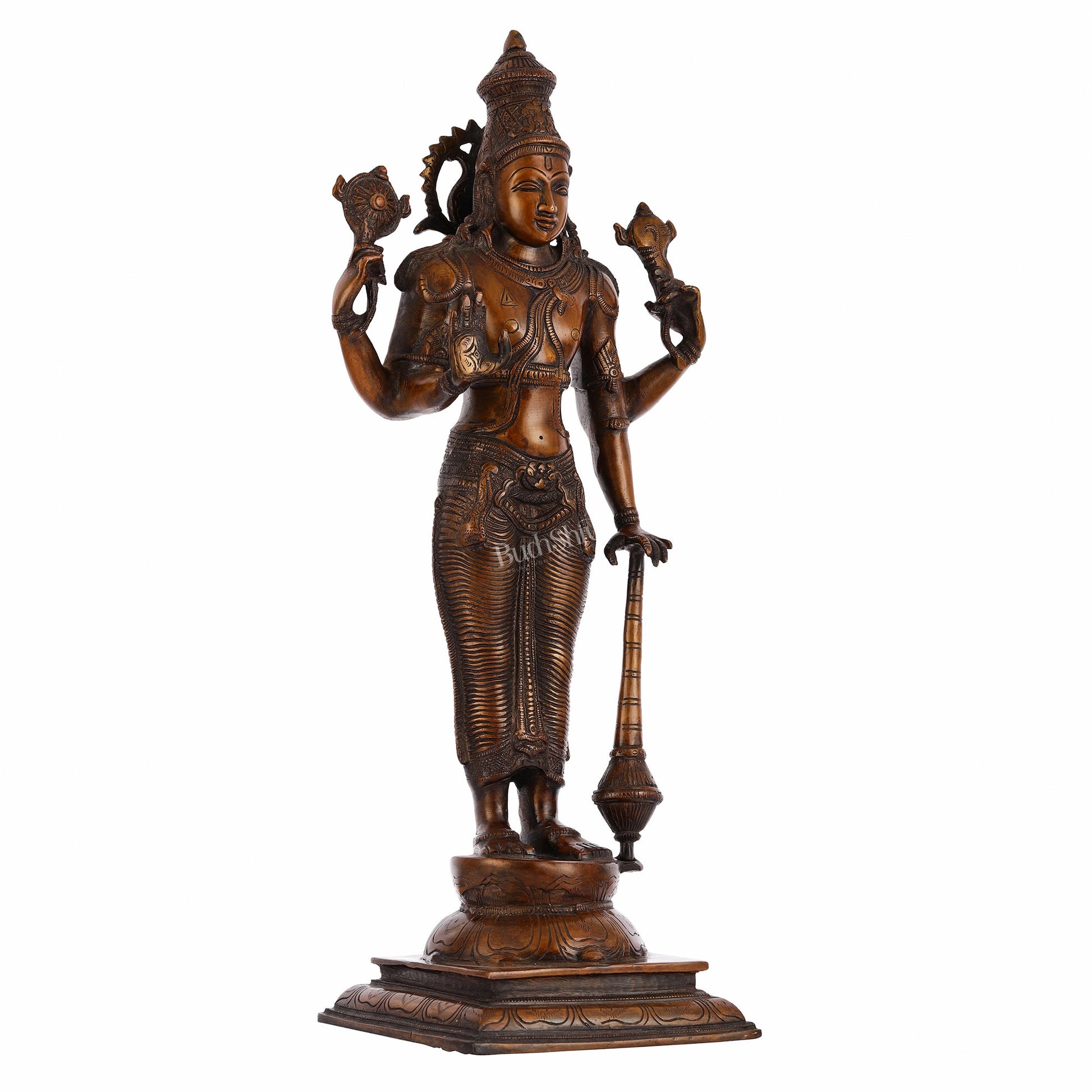 Pure Brass Lord Vishnu Statue - Chola Bronze Finish, 20" Tall, 7kg