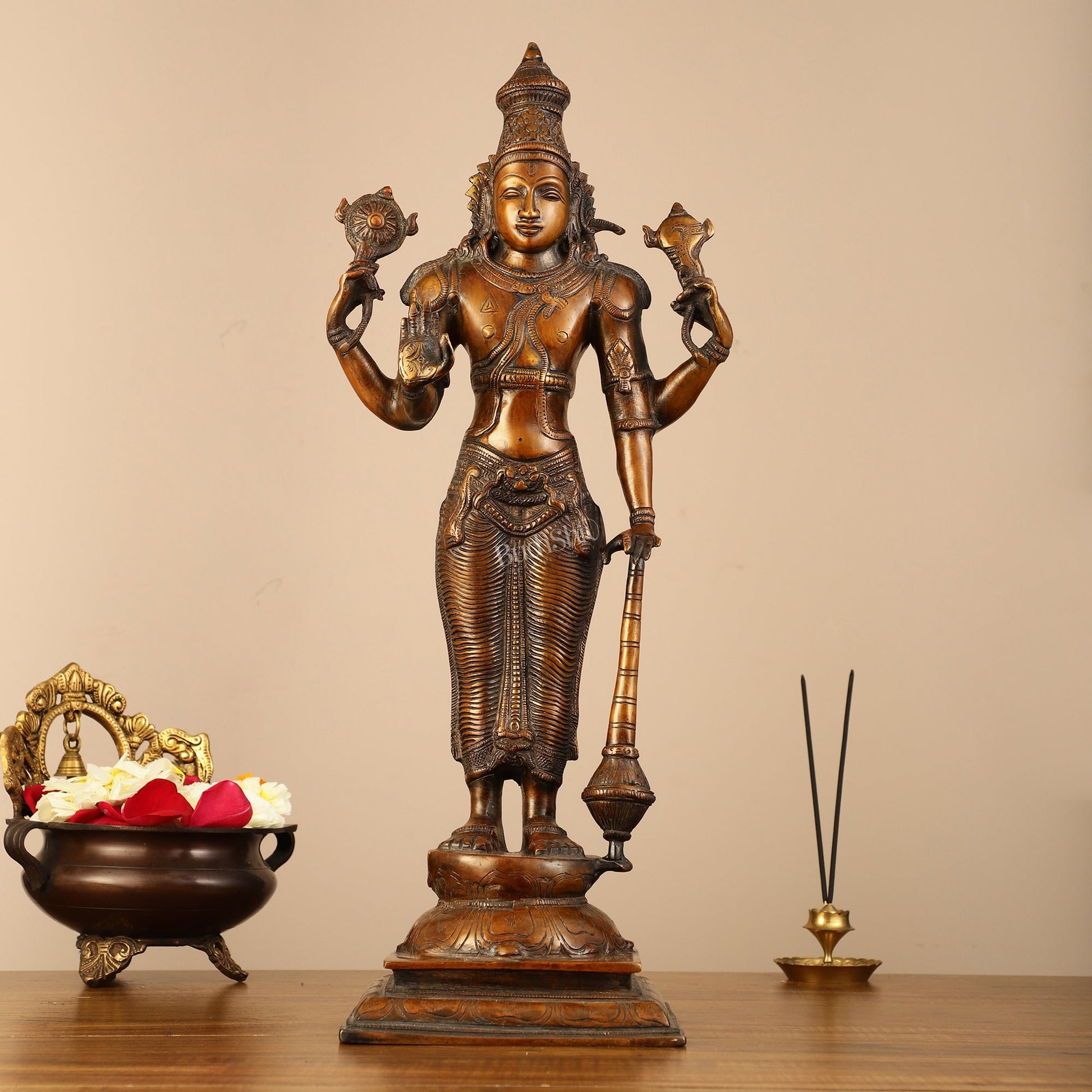 Pure Brass Lord Vishnu Statue - Chola Bronze Finish, 20" Tall, 7kg