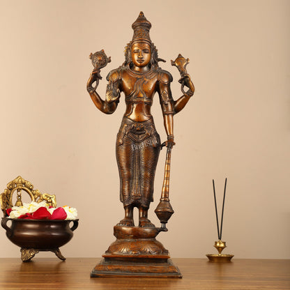 Pure Brass Lord Vishnu Statue - Chola Bronze Finish, 20" Tall, 7kg