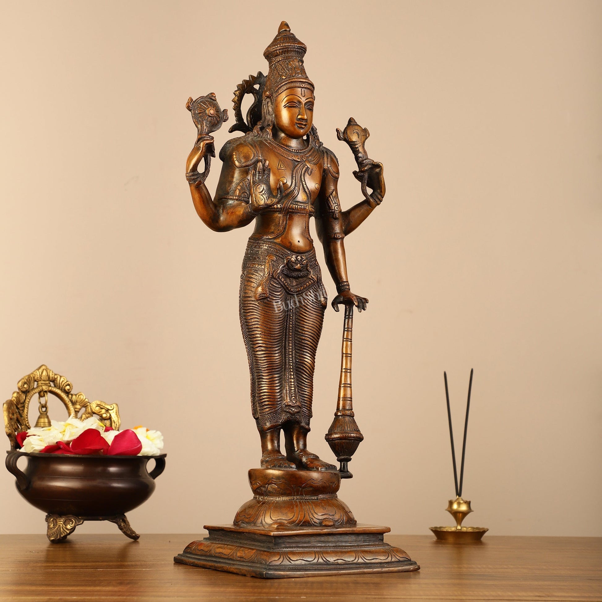 Pure Brass Lord Vishnu Statue - Chola Bronze Finish, 20" Tall, 7kg