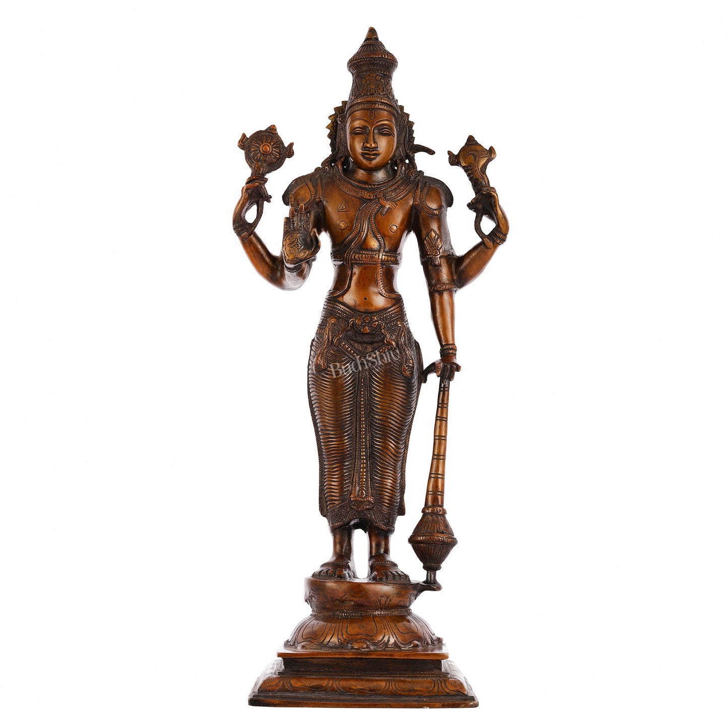 Pure Brass Lord Vishnu Statue - Chola Bronze Finish, 20" Tall, 7kg