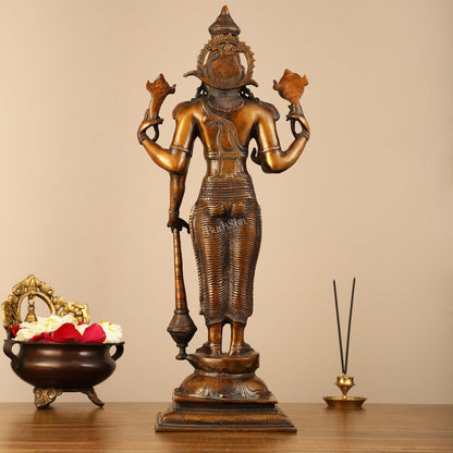 Pure Brass Lord Vishnu Statue - Chola Bronze Finish, 20" Tall, 7kg