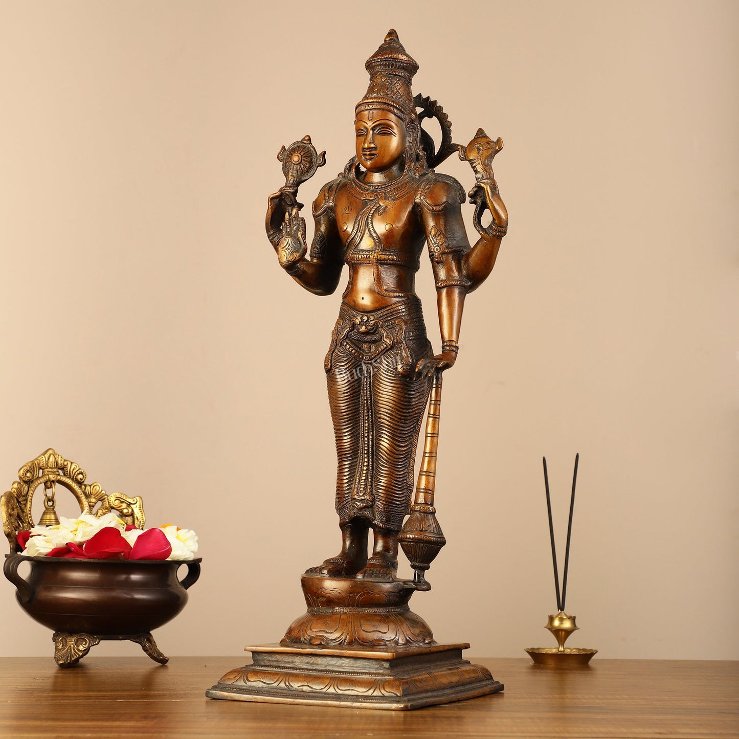 Pure Brass Lord Vishnu Statue - Chola Bronze Finish, 20" Tall, 7kg