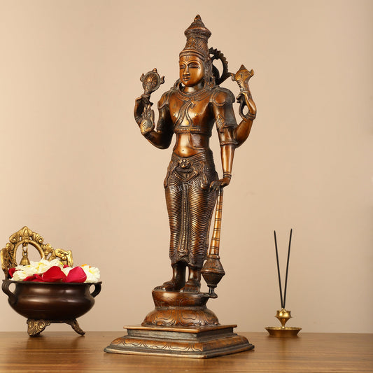 Pure Brass Lord Vishnu Statue - Chola Bronze Finish, 20" Tall, 7kg