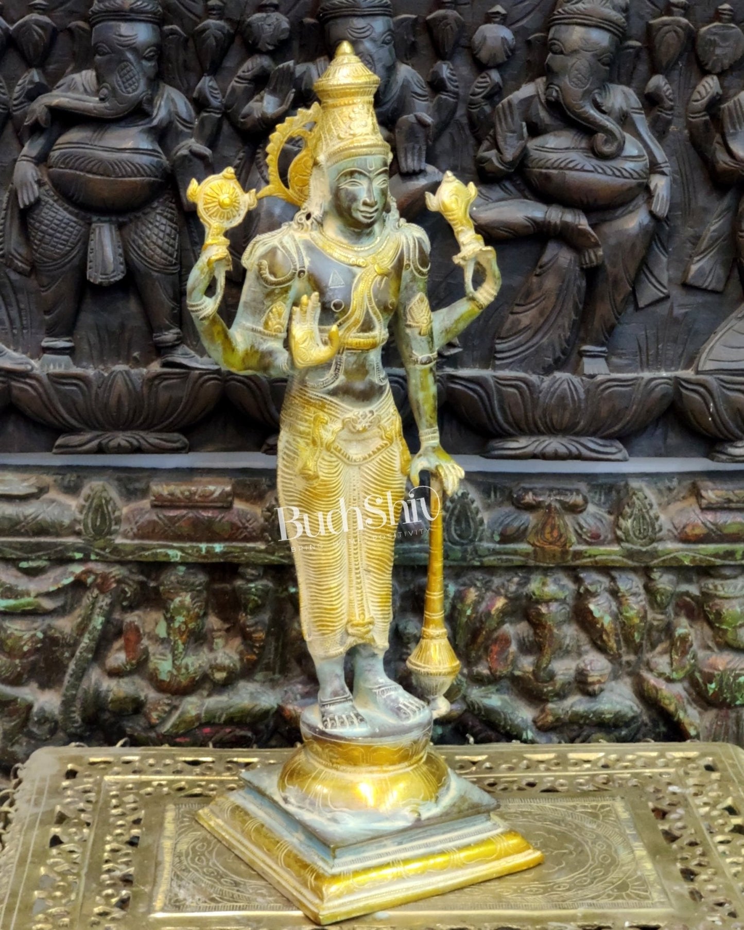 Pure Brass Lord Vishnu Statue - Sandstone Grey and Mustard Patina, 20" Tall, 7kg