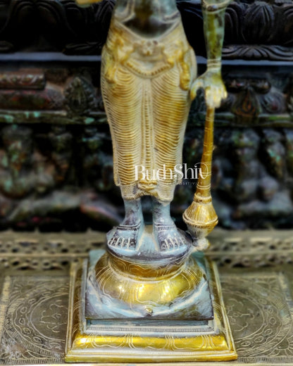 Pure Brass Lord Vishnu Statue - Sandstone Grey and Mustard Patina, 20" Tall, 7kg