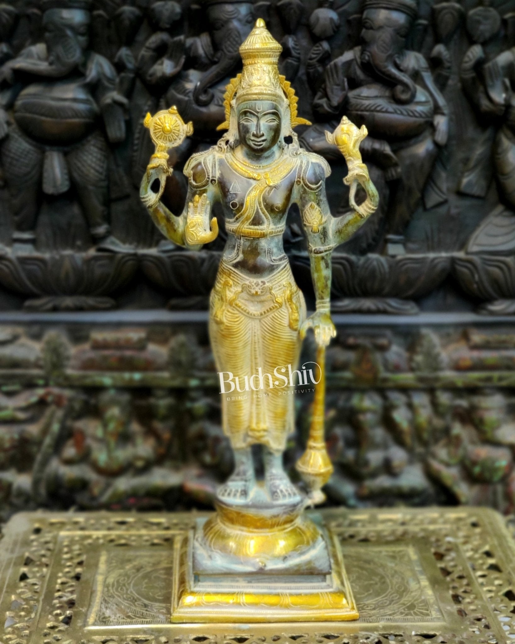 Pure Brass Lord Vishnu Statue - Sandstone Grey and Mustard Patina, 20" Tall, 7kg