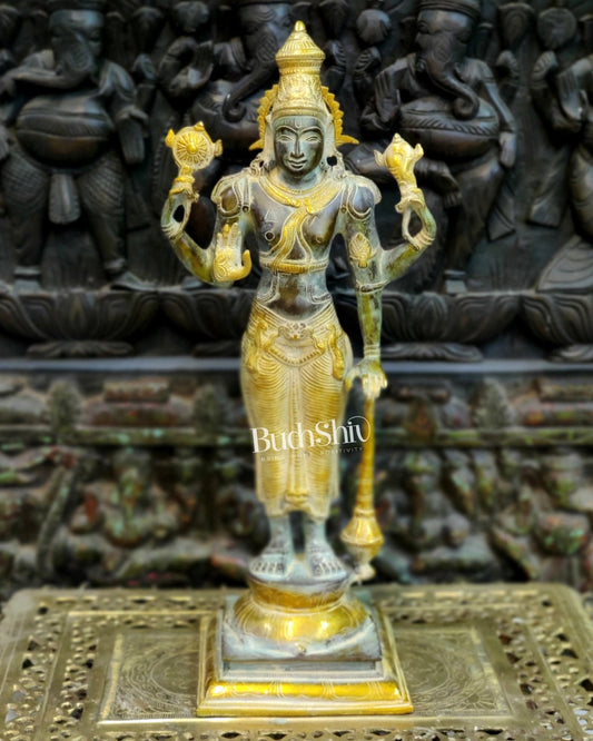 Pure Brass Lord Vishnu Statue - Sandstone Grey and Mustard Patina, 20" Tall, 7kg