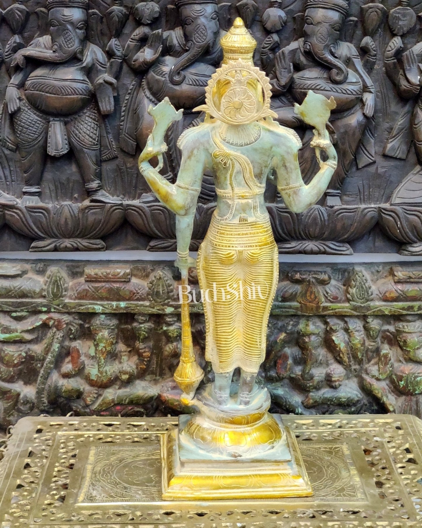 Pure Brass Lord Vishnu Statue - Sandstone Grey and Mustard Patina, 20" Tall, 7kg