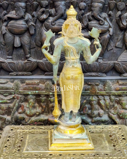 Pure Brass Lord Vishnu Statue - Sandstone Grey and Mustard Patina, 20" Tall, 7kg