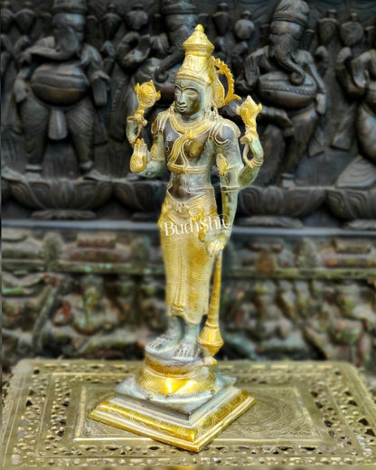 Pure Brass Lord Vishnu Statue - Sandstone Grey and Mustard Patina, 20" Tall, 7kg