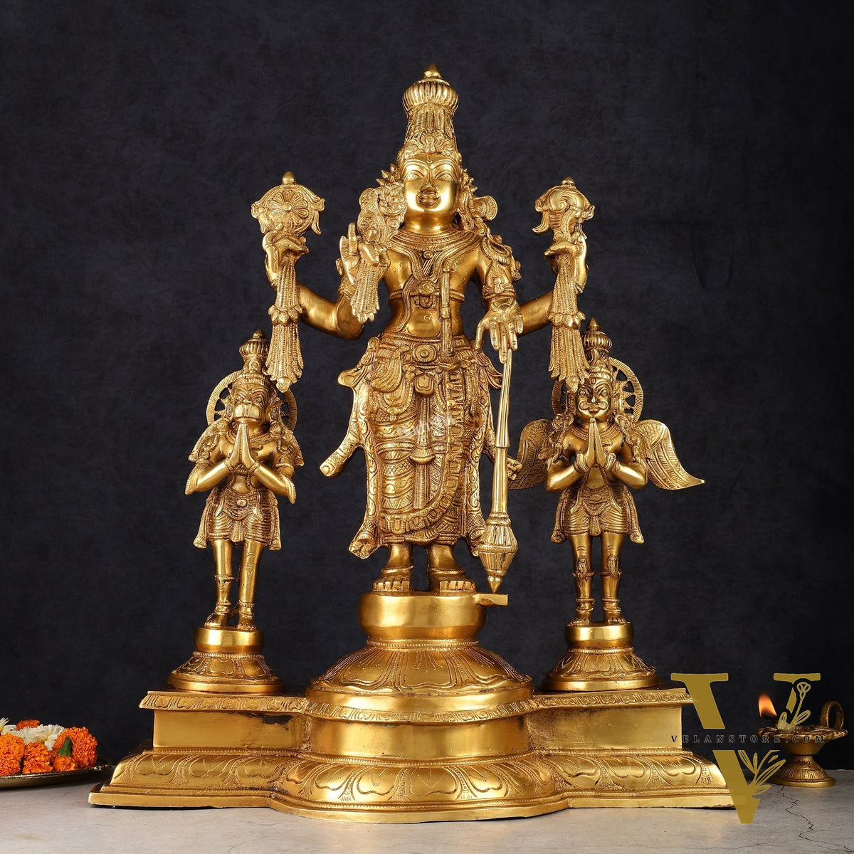 Brass Vishnu Statue with Garuda and Hanuman - 24" Standing
