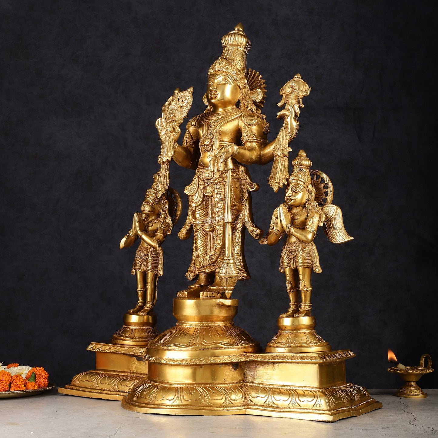 Brass Vishnu Statue with Garuda and Hanuman - 24" Standing