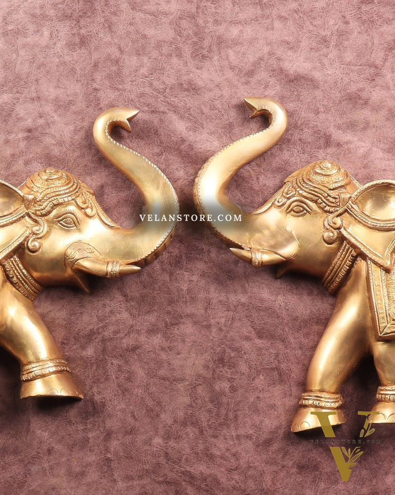 Brass Wall Hanging Elephants with Trunk Up – Pair | Elegant Home Décor 13"