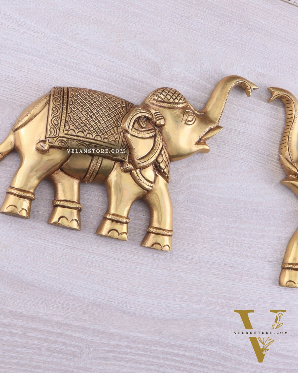 Brass Wall Hanging Elephants with Trunk Up – Pair | Elegant Home Décor 8.5"
