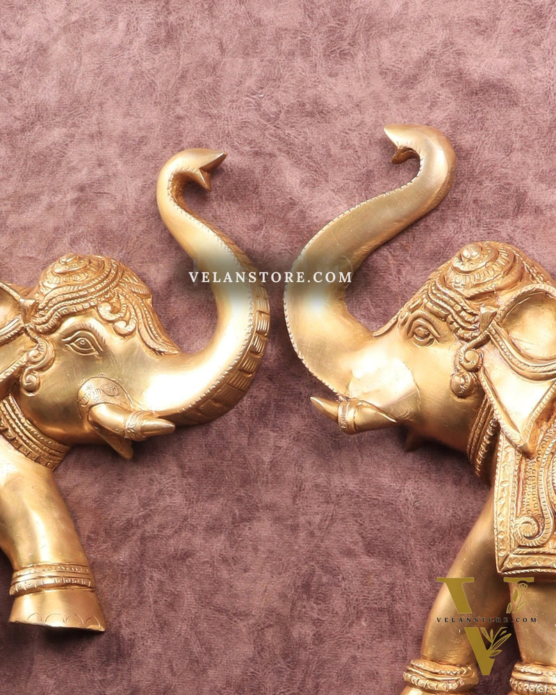 Brass Wall Hanging Elephants with Trunk Up – Pair | Elegant Home Décor 13"
