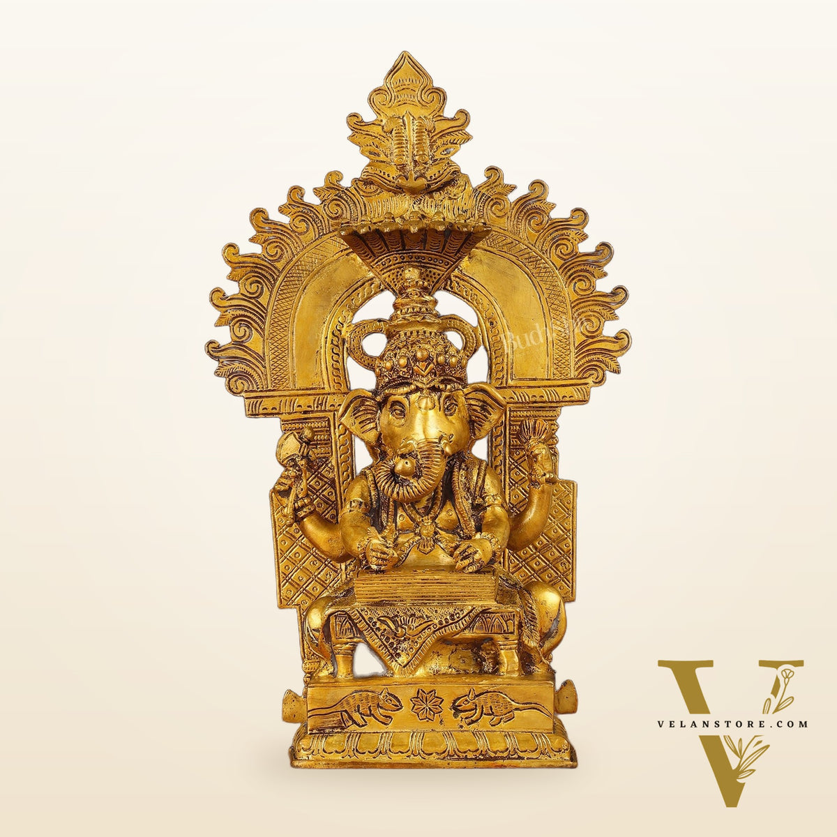 Brass Writing Ganesha Statue with Prabhal 10.5"