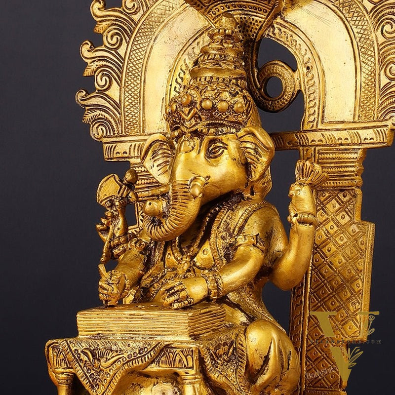 Brass Writing Ganesha Statue with Prabhal 10.5"