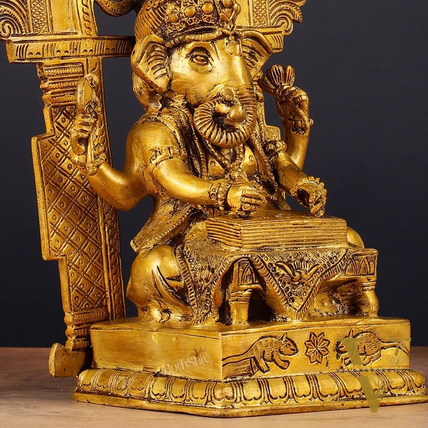 Brass Writing Ganesha Statue with Prabhal 10.5"