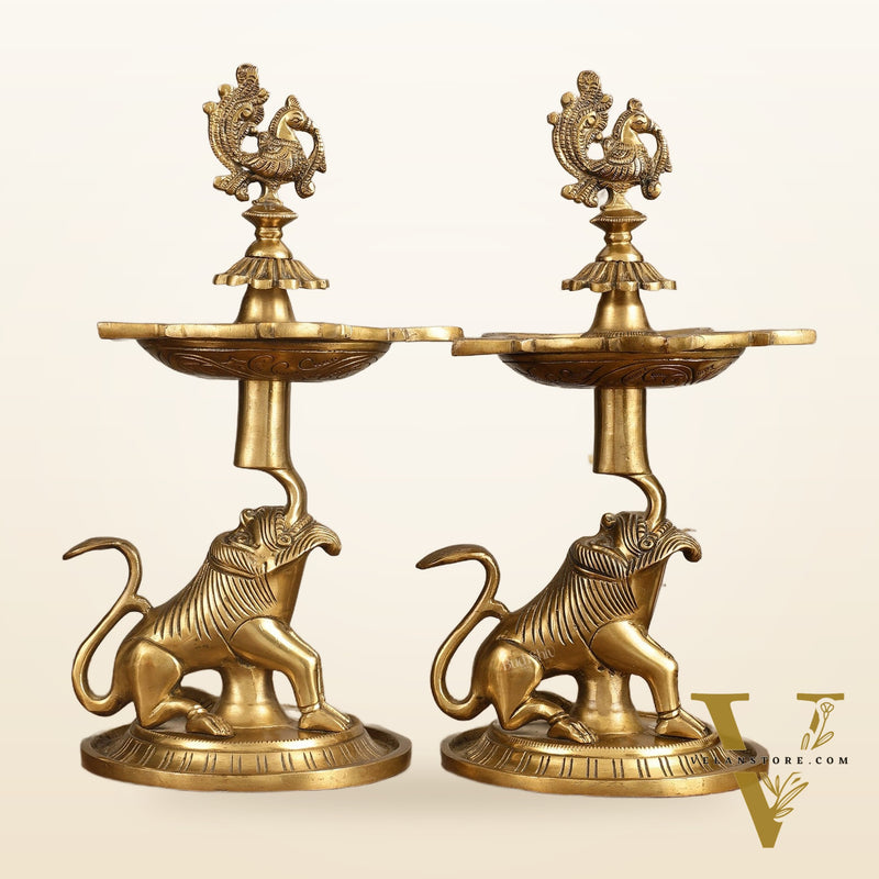 Brass Yali Peacock Lamp 12 "