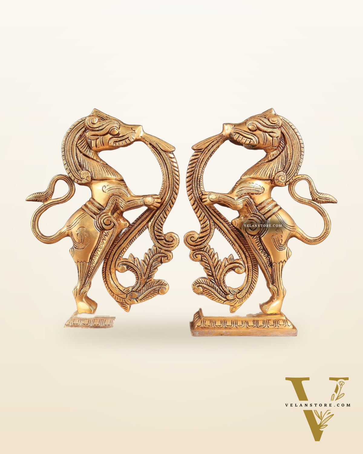 Brass Yali Table Temple Décor Showpiece – Pair, 8.5 Inch,