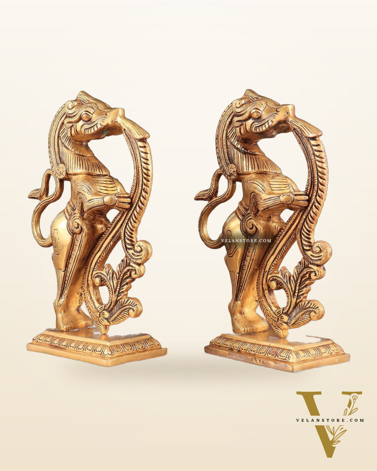 Brass Yali Table Temple Décor Showpiece – Pair, 8.5 Inch,