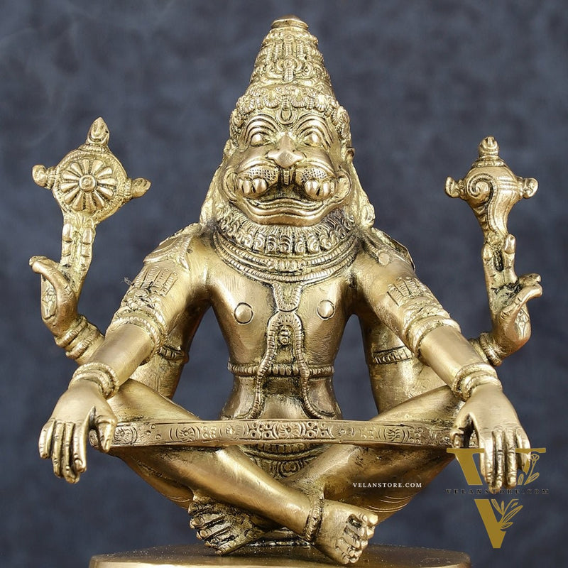 Brass Yog Narasimha Statue 11" Antique gold tone