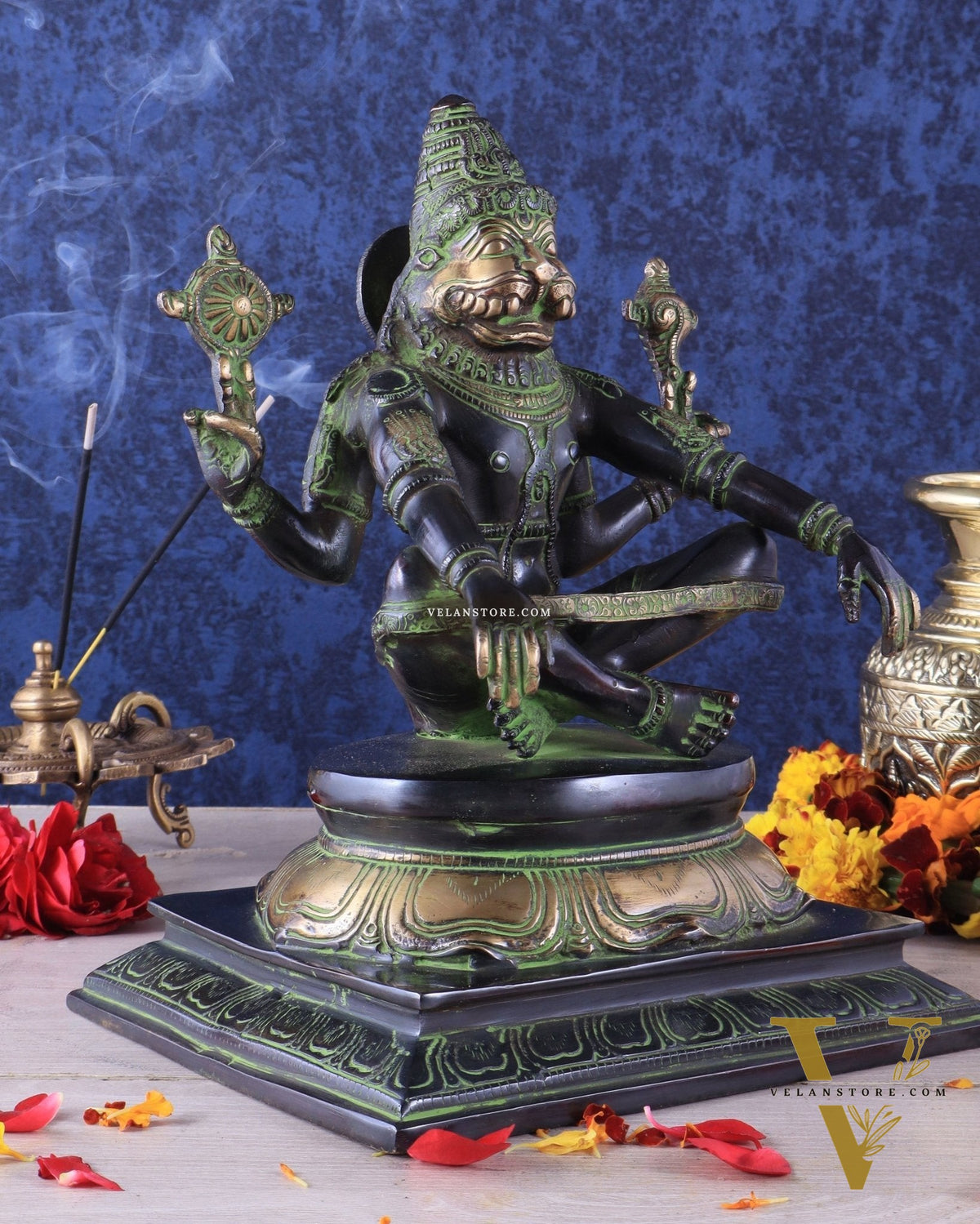 Brass Yog Narasimha swamy Statue 11" black green