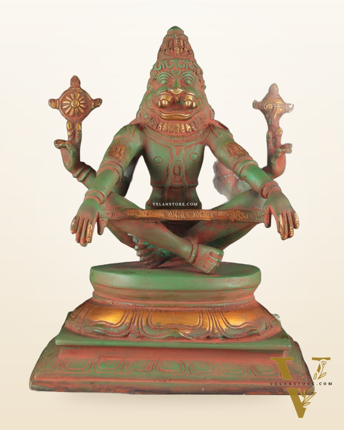Brass Yog Narsimha Statue 11" vintage green sandstone finish