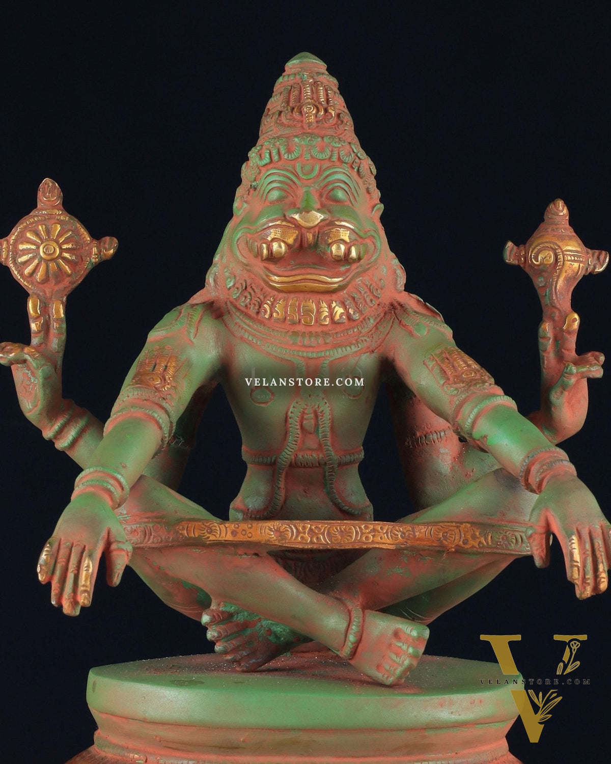 Brass Yog Narsimha Statue 11" vintage green sandstone finish