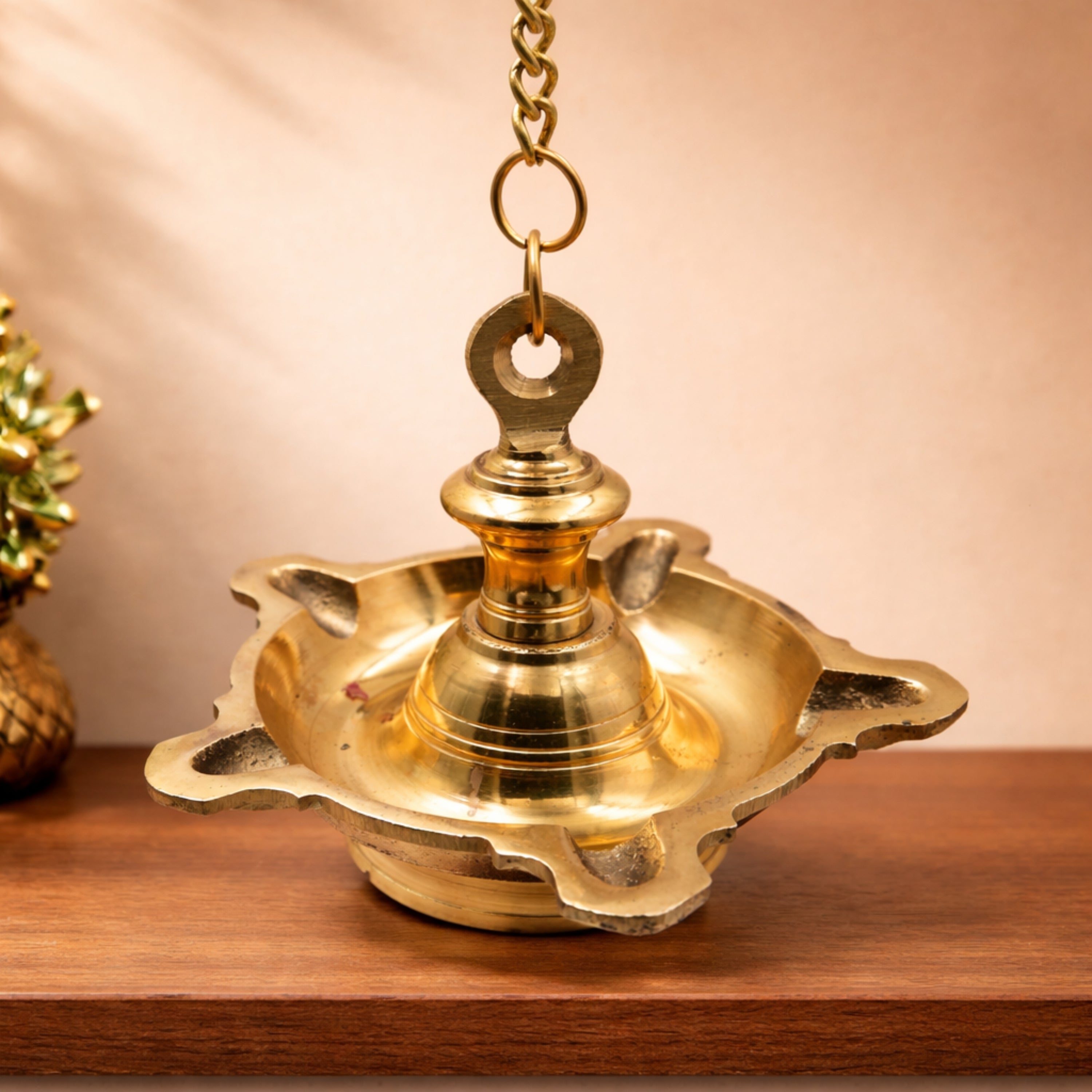 Brass Hanging Lamp Pooja Diya, Traditional Peetal Thooku Vilakku Deepam, Temple Hanging Oil Lamp, Mandir Hanging Jyoti Deepak, Kerala Tamil Style Vilakku for Home Pooja Decor, Gold, 4.5 Inch, 1 Piece