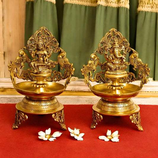 Shribadri Large Brass Laxmi Ganesh Diya/ Urli Set