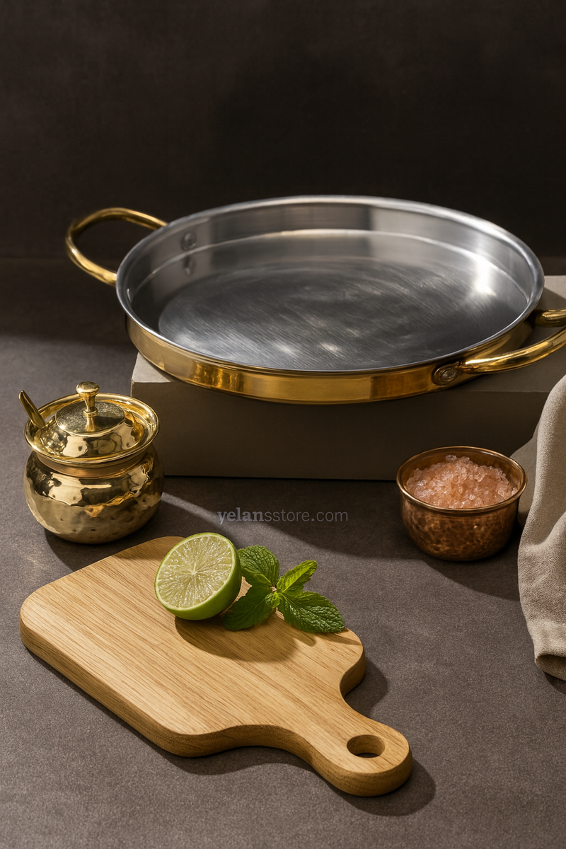 Brass Dosa Tawa with Insulated handles And Brass Ghee Pot Combo-1